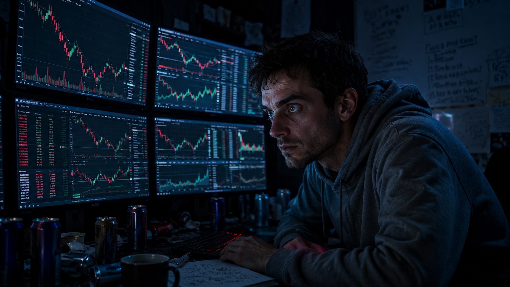 A man hunched at a desk in the dark, monitor glow on his face.